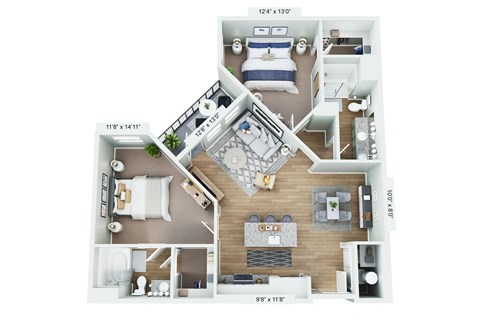 Floor plan for 2 beds, 2 baths, 1031 sqft